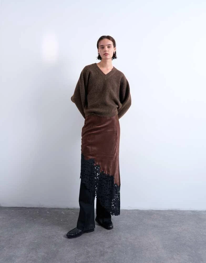 Topshop Topshop knitted high v horizontal stitch jumper in brown 2