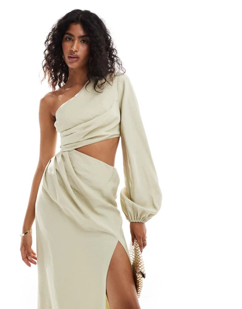 ASOS ASOS DESIGN one shoulder maxi dress with blouson sleeve and waist cut out in cream 2
