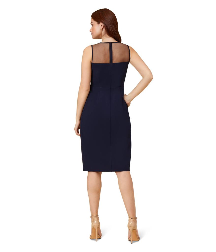 Adrianna Papell Stretch Crepe Draped Cocktail Dress with Illusion Neckline