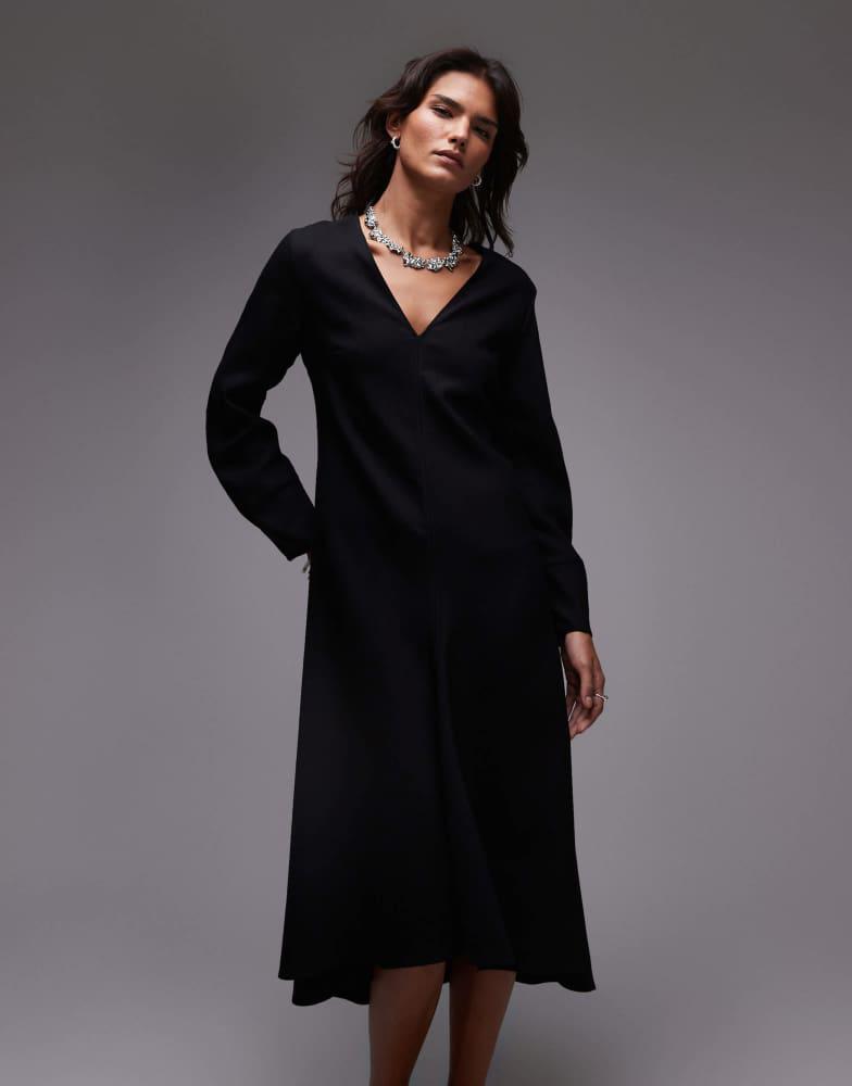 ARKET ARKET wool mix maxi dress with v-front neckline and high low hem in black