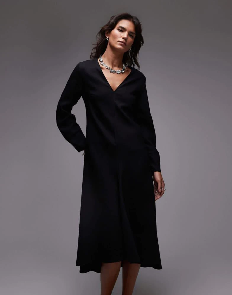 ARKET ARKET wool mix maxi dress with v-neck and high low hem in black 1