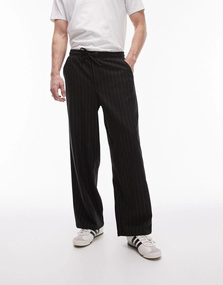 Topman Topman wide leg pin stripe trouser in black 2