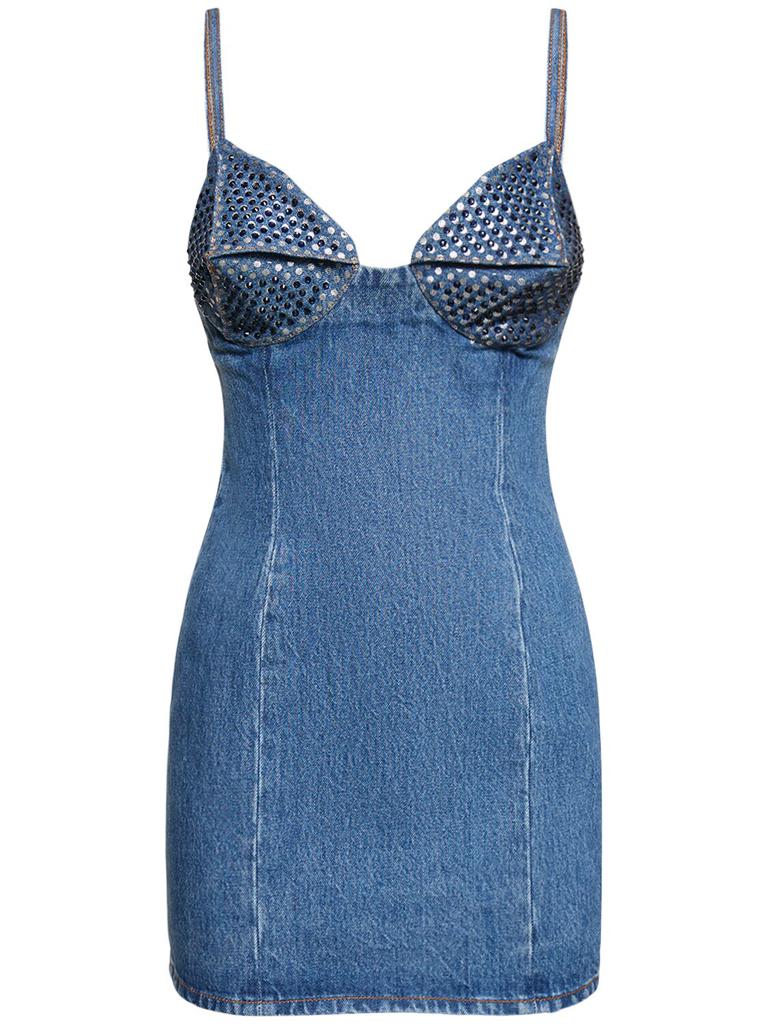 AREA Embellished Cotton Denim Mini Dress