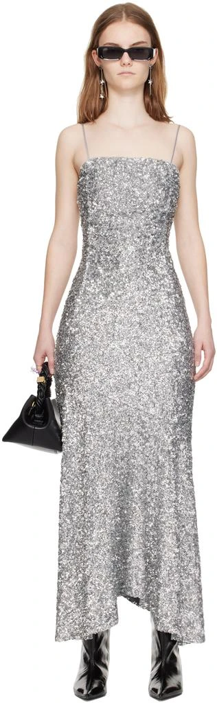 ganni silver dress GANNI Metallic Jacquard Layer Dress | Metallic Silver