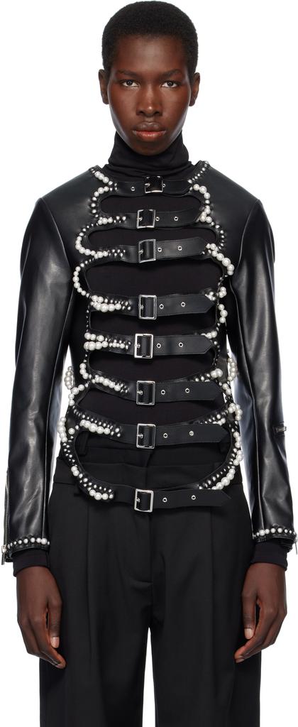 Noir Kei Ninomiya Black Faux-Pearl Embellished Faux-Leather Jacket