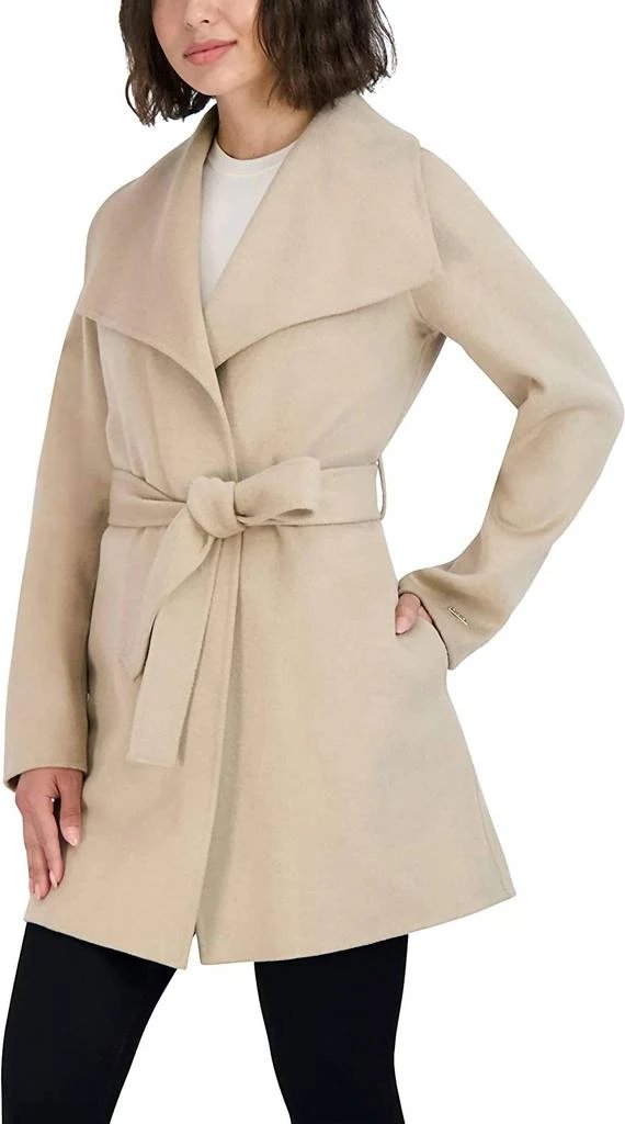 Tahari Womens Ella Jacket Wool Wrap Coat With Tie Belt In Light Beige Ivory 1