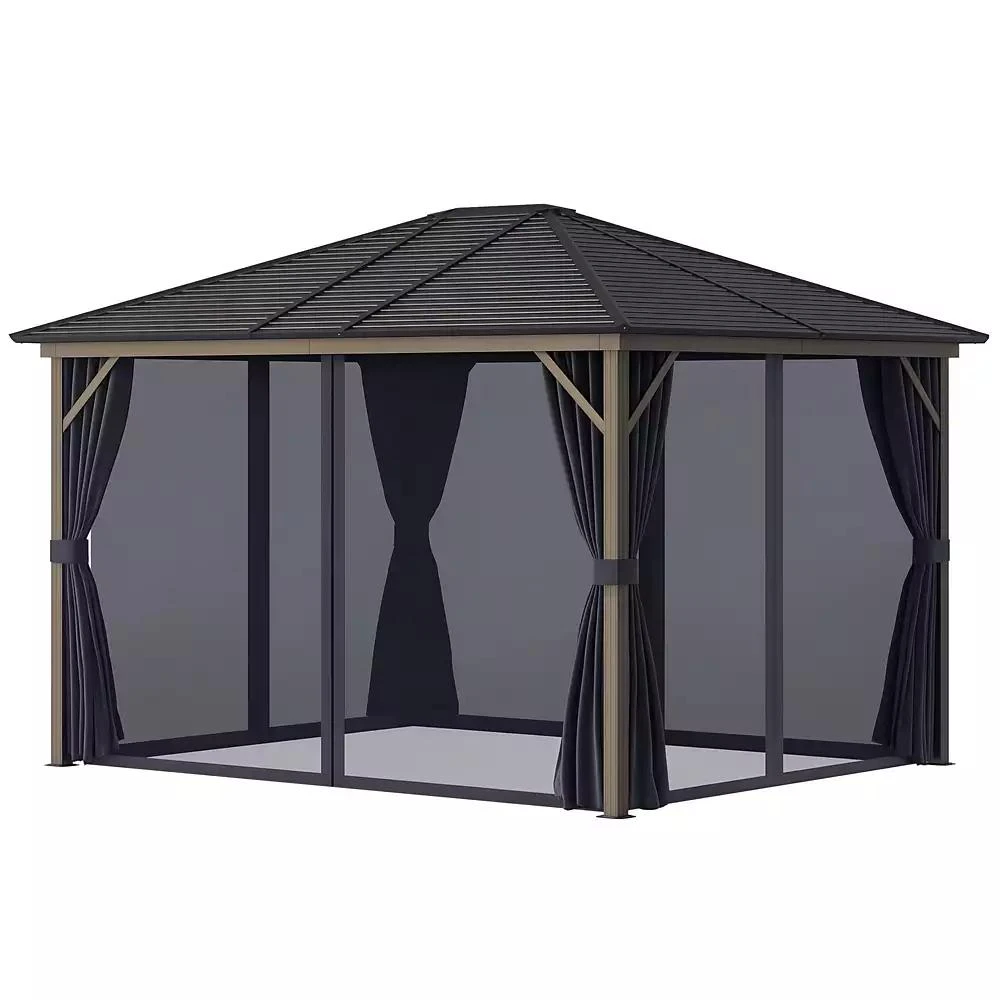Outsunny 10
x12
 Hardtop Gazebo, Mesh, Curtains, Steel Slat Canopy, Dark