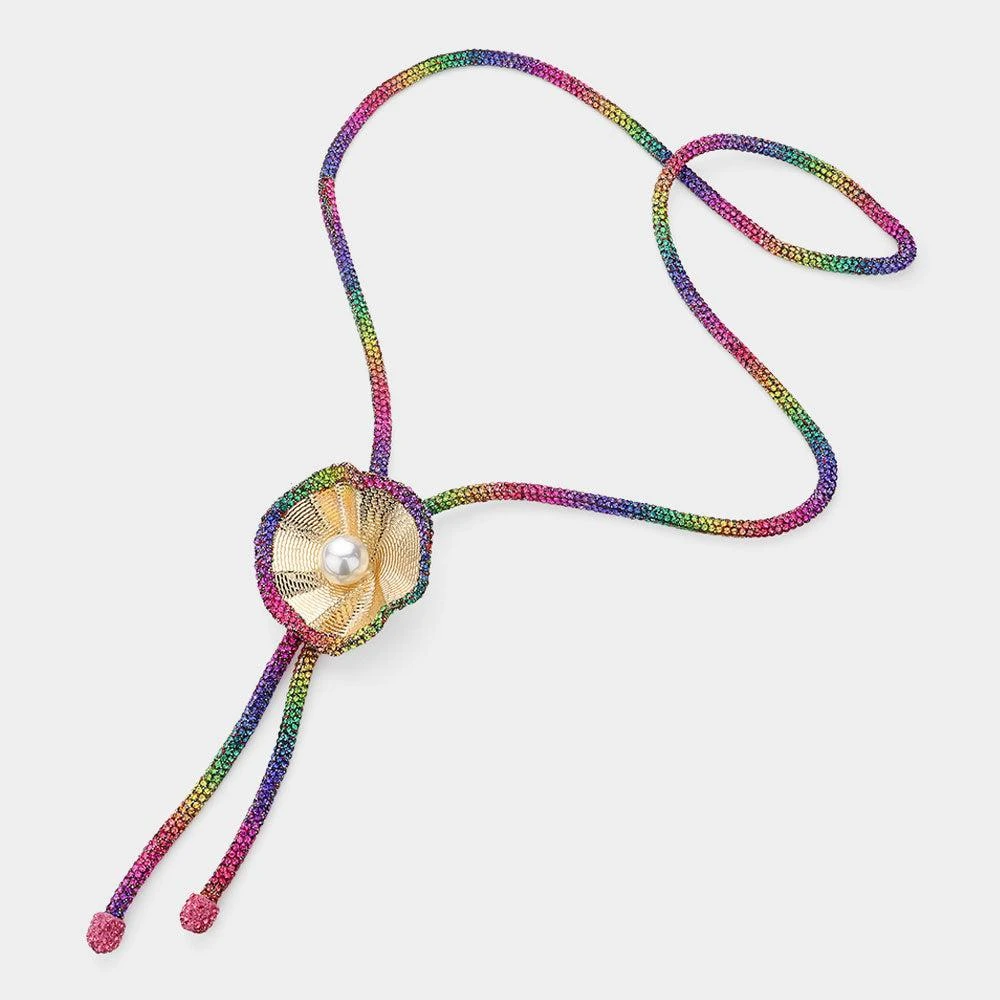 FASHNZFAB Bling Studded Pearl Centered Flower Pointed Evening Long Bolo Tie Necklace 2