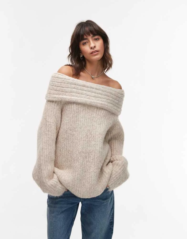 Topshop Topshop chunky off the shoulder oversized jumper in oat 1