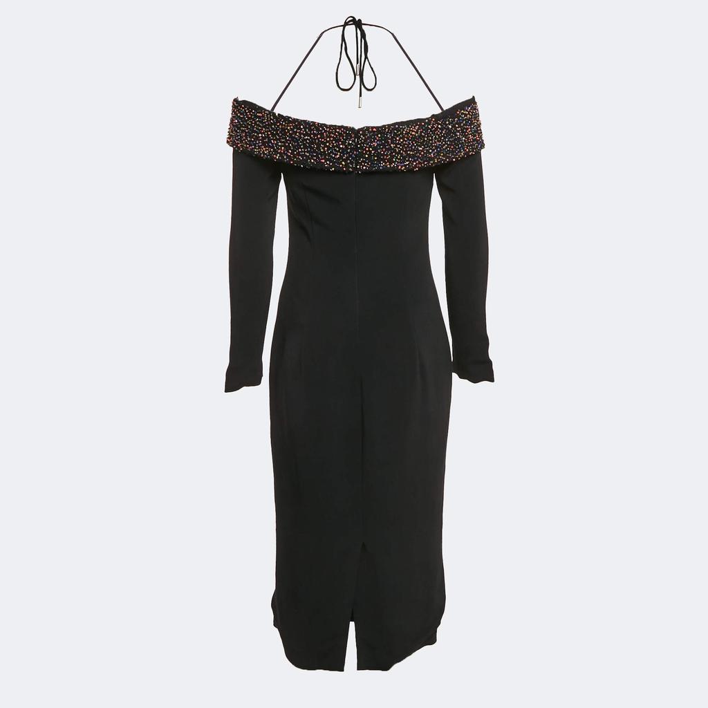 CUSHNIE Cushnie et Ochs Black Embellished Crepe Off-Shoulder Midi Dress M