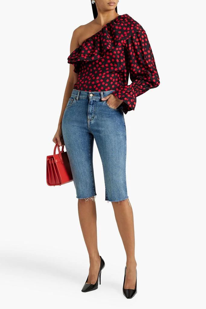 Yves Saint Laurent One-sleeve ruffled polka-dot silk-jacquard top 2