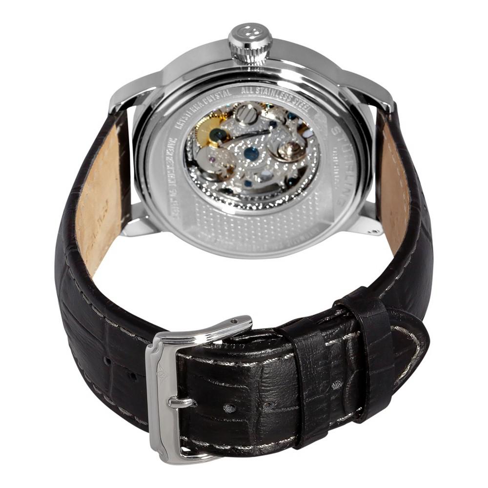 Stuhrling Stainless Steel Case on Black Perforated Alligator Embossed Genuine Leather Strap with White Contrast Stitching, Black Skeletonized Dial, with Silver Tone Accents
