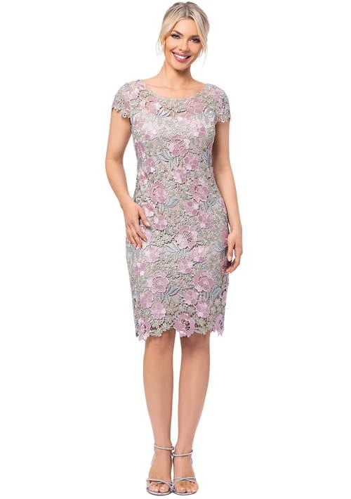 XSCAPE Womens Short Sleeve Floral Applique Short Sheath Dress 1