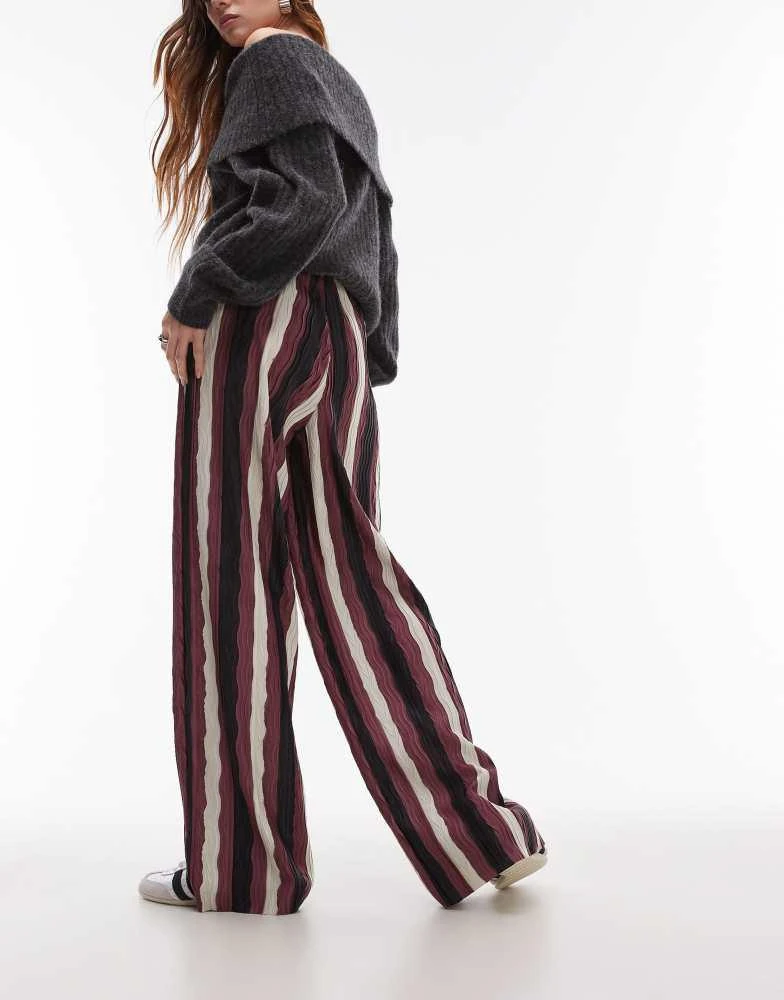 Topshop Topshop stripe plisse wide leg trouser in burgundy 4