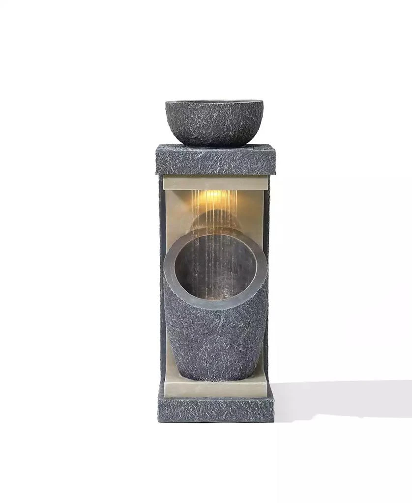 LuxenHome Gray Resin Column and Bowl Sculpture Outdoor Fountain with Lights