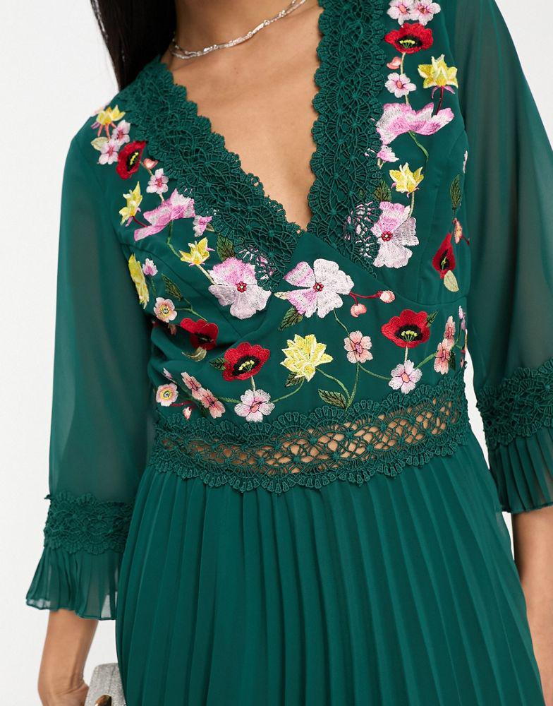 ASOS DESIGN ASOS DESIGN lace insert pleated midi dress with embroidery in forest green Dresses Skirts Free Shipping BeyondStyle