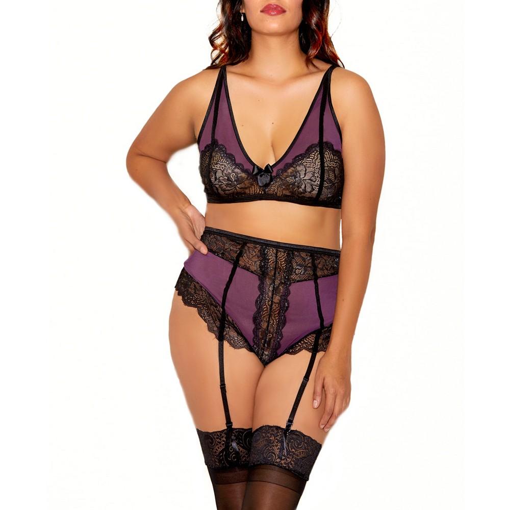 iCollection Ripley Plus Size Floral Lace Bralette and Garter Panty Set with Satin Garter Belt 2pc Lingerie Set