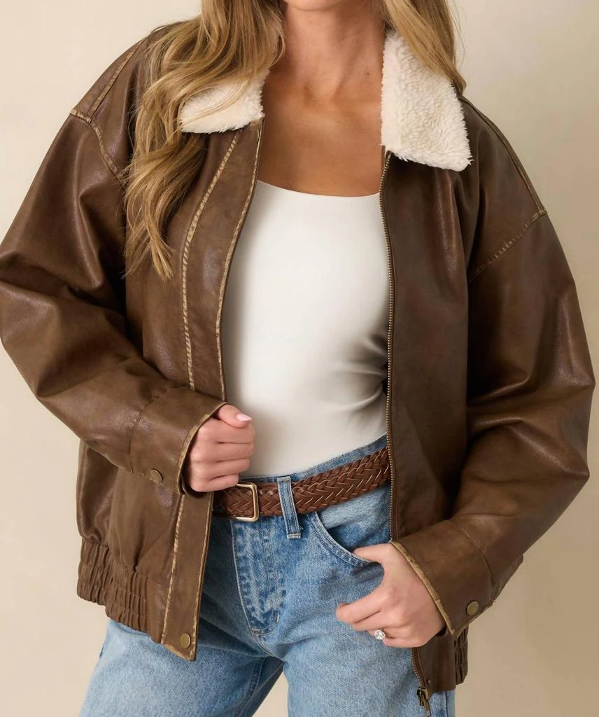 Blu Pepper Blu Pepper - Faux Leather Shearling Collar Zip Up Jacket