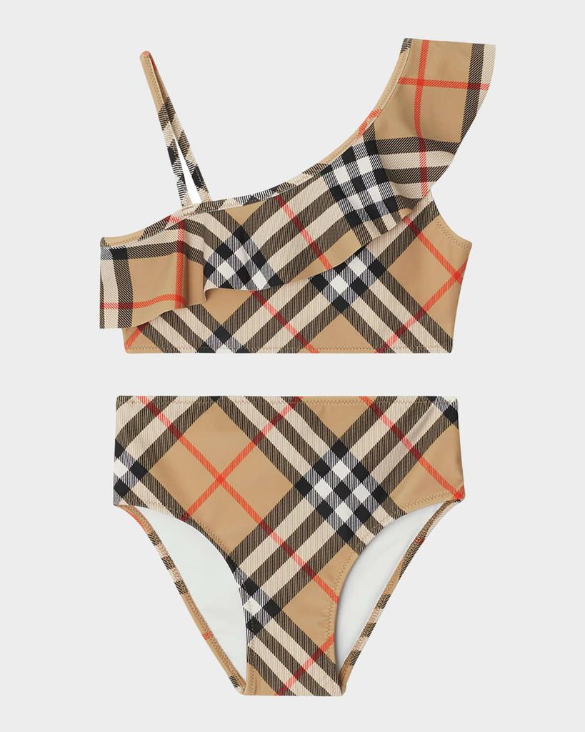 Burberry Girl's Asla One-Shoulder Check Two-Piece Swimsuit, Size 3-14