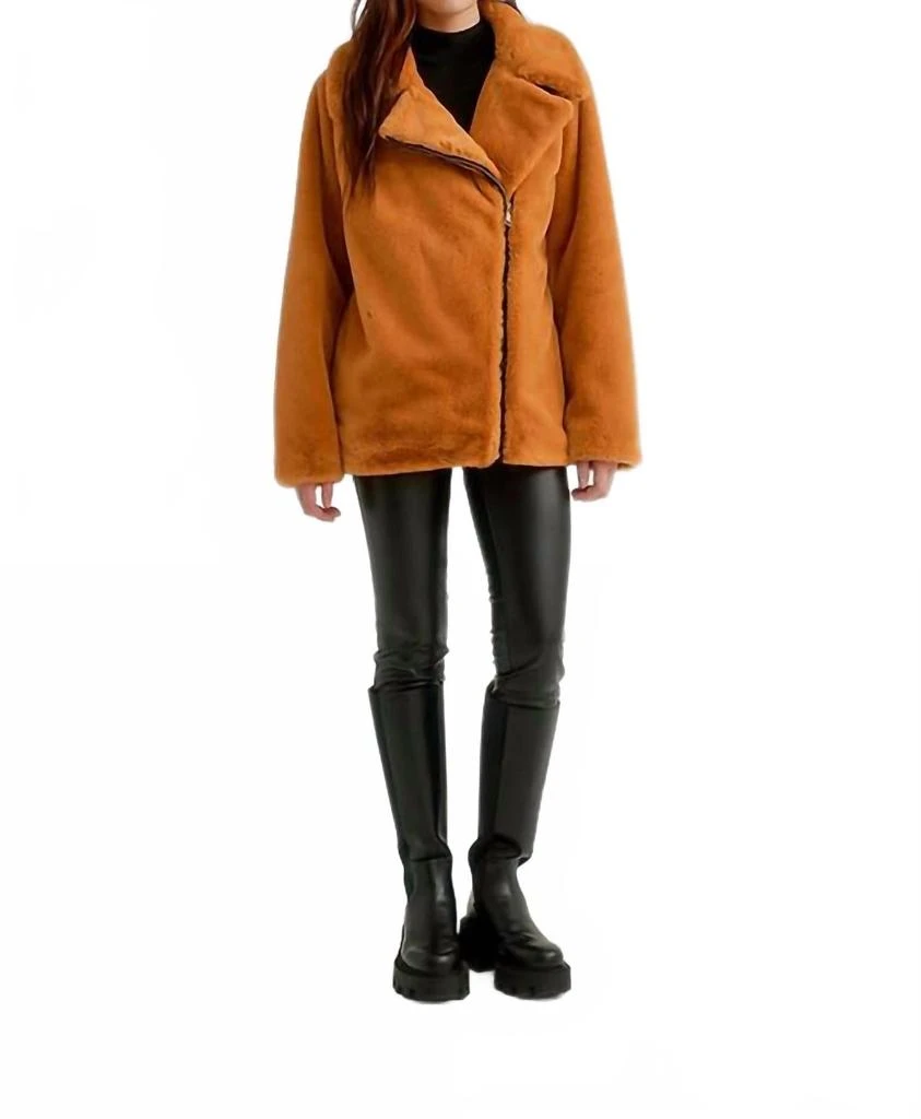 NIKKI JONES Zip Asymmetric Faux Fur Jacket With Vegan Leather In Sunflower 2