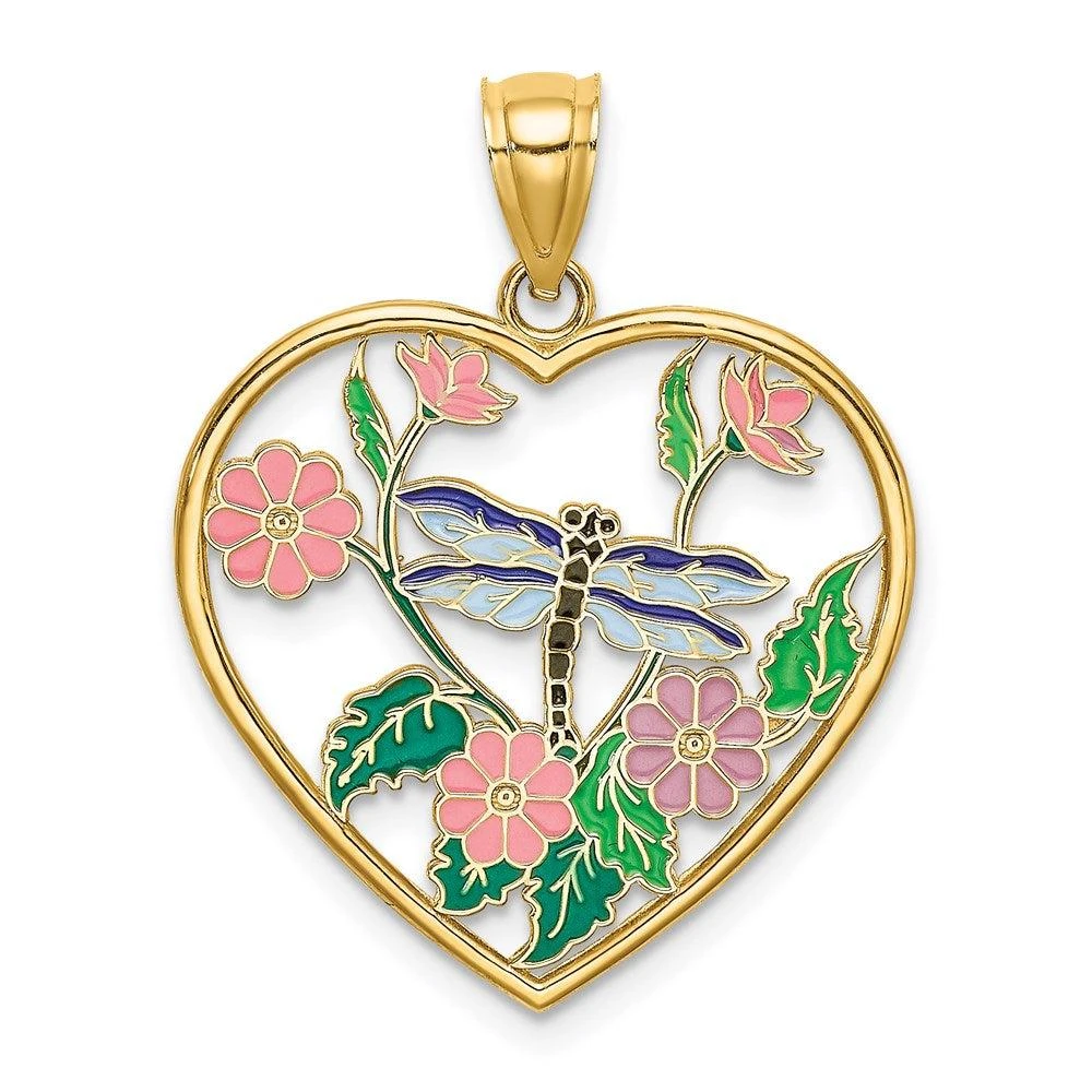 Diamond2Deal 14k Yellow Gold Enamel Dragonfly and Flower in Heart Charm Pendant 1