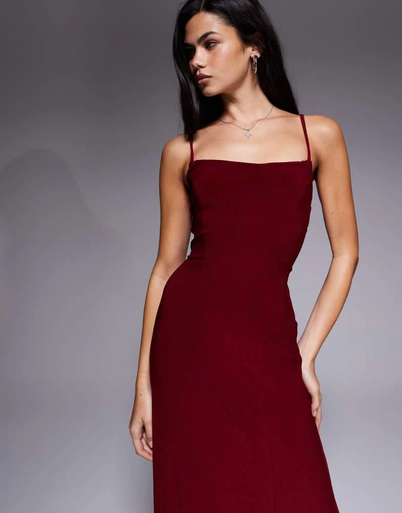 ASOS Design lace up back maxi slip dress in burgundy-Red