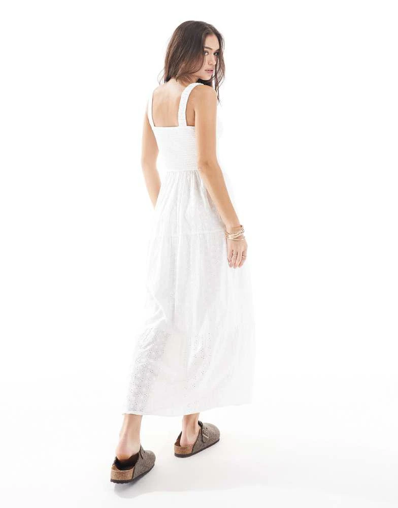 HOLLISTER Hollister embroidered eyelet detail shirred bust maxi dress with thigh split in white 2