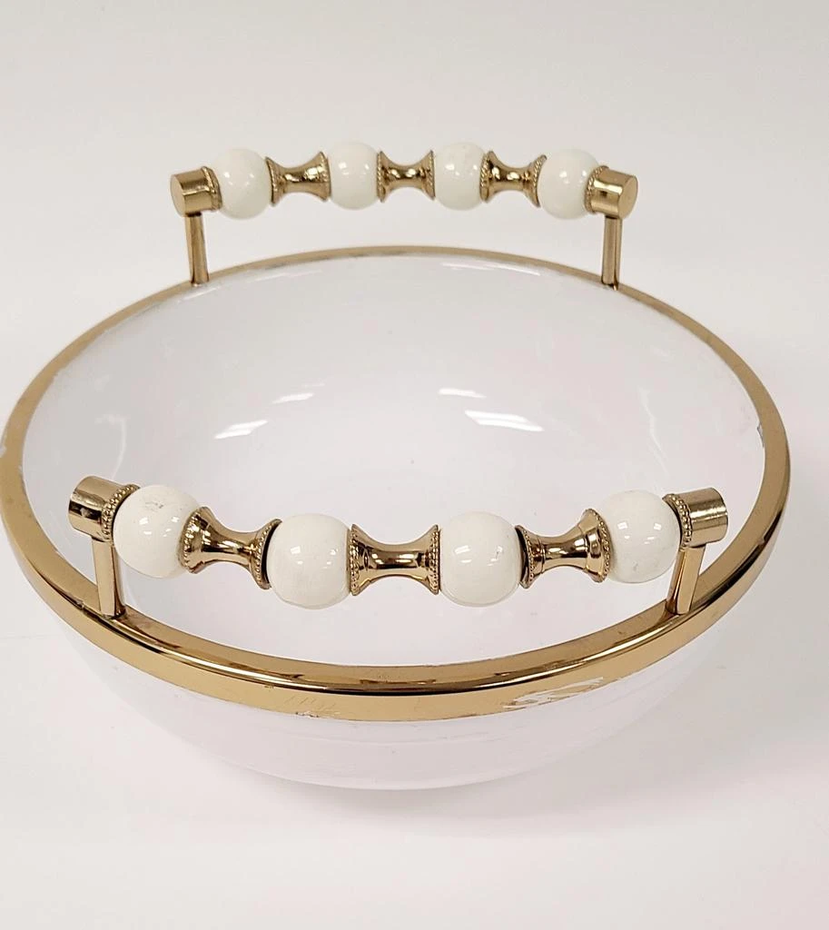 Classic Touch Decor White Round Bowl with Two Gold and White Beaded Design Handles 10"D 2