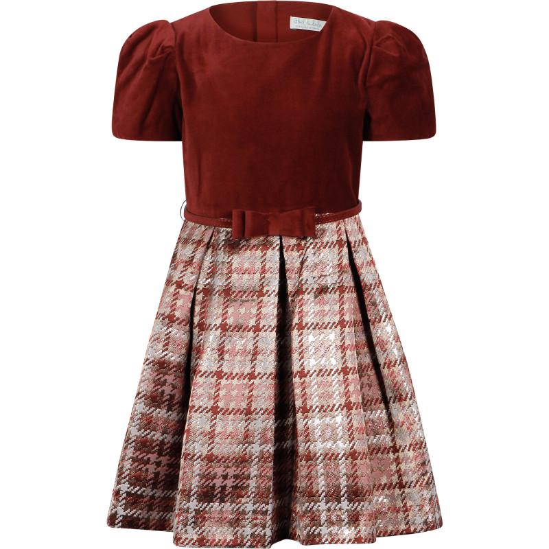 Abel & Lula Houndstooth print dress and collar detailing shimmering blouse set in burgundy red and pink