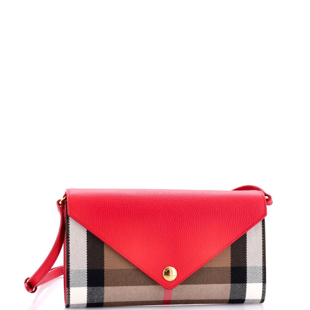 Burberry Hannah Envelope Wallet on Strap Leather and House Check Canvas