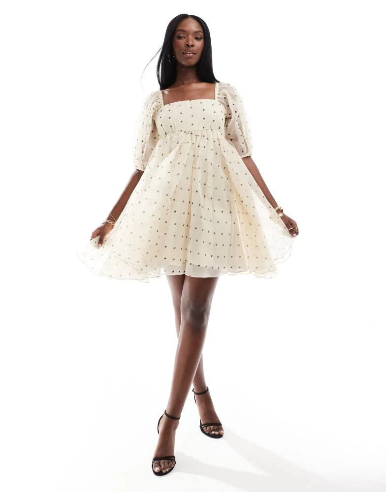 Lace & Beads Lace & Beads square neck babydoll organza mini dress in polka dot 1