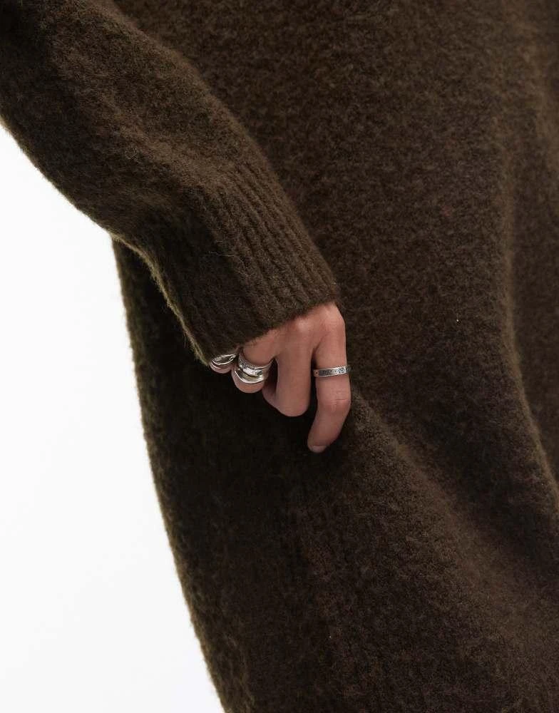 Topshop Topshop knitted oversized crew mini dress with exposed seam detail in khaki 4