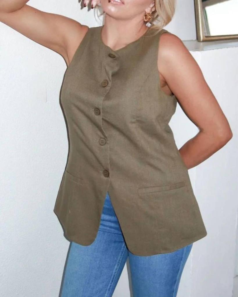 Keepsake Harper Sleeveless Linen Vest In Olive