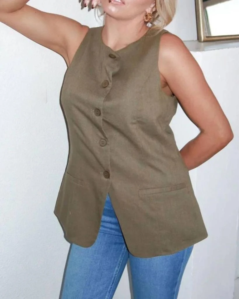 Keepsake Harper Sleeveless Linen Vest In Olive 1