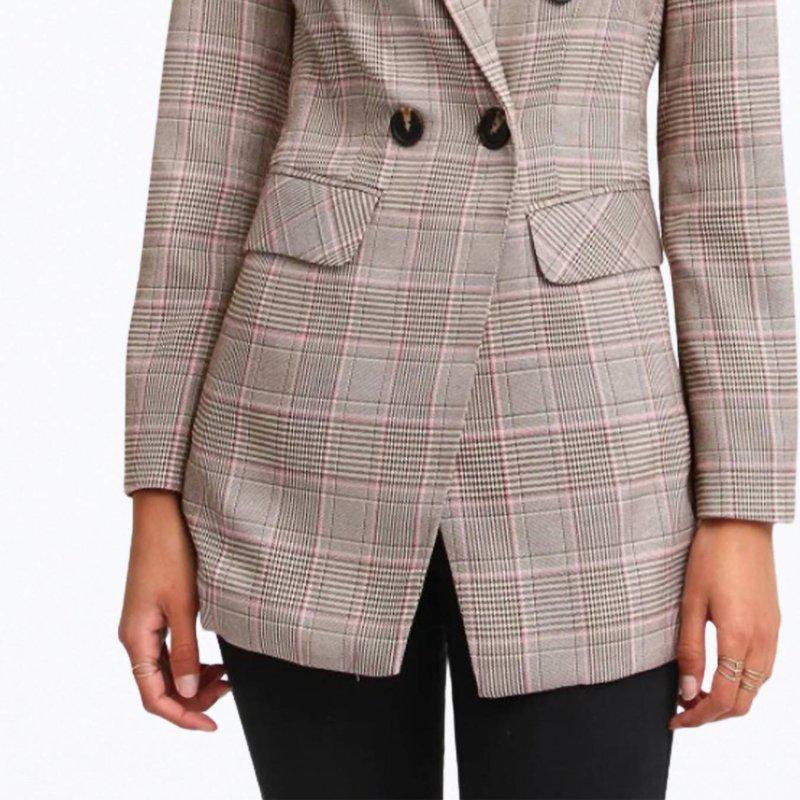 Belle & Bloom Double-Breasted Prince Of Wales Checked Woven Blazer In Brown/Pink