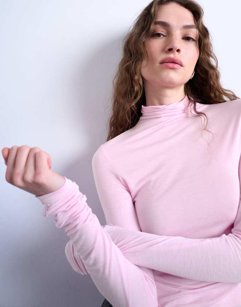 Topshop Topshop high neck viscose long sleeve top in pink