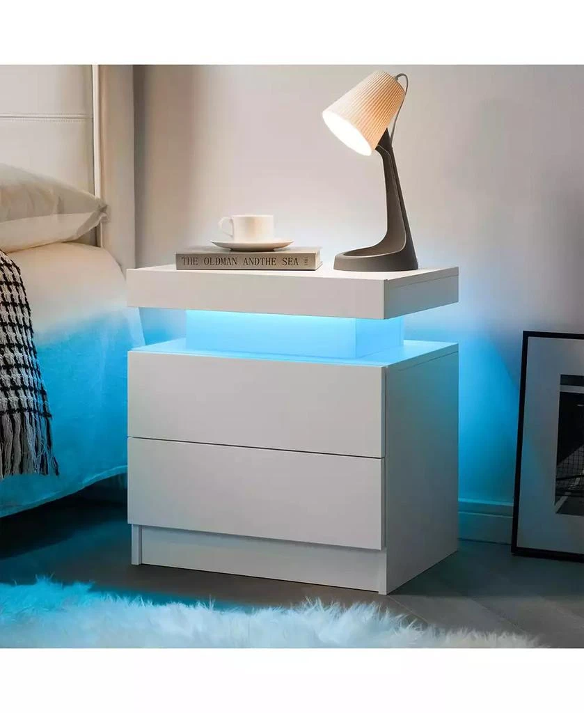 RAINSKEN LED Nightstand with 2 Drawers, Bedside Table Cabinet with Adjustable Color Lighting, Modern End Side Table for Bedroom, Living Room 4