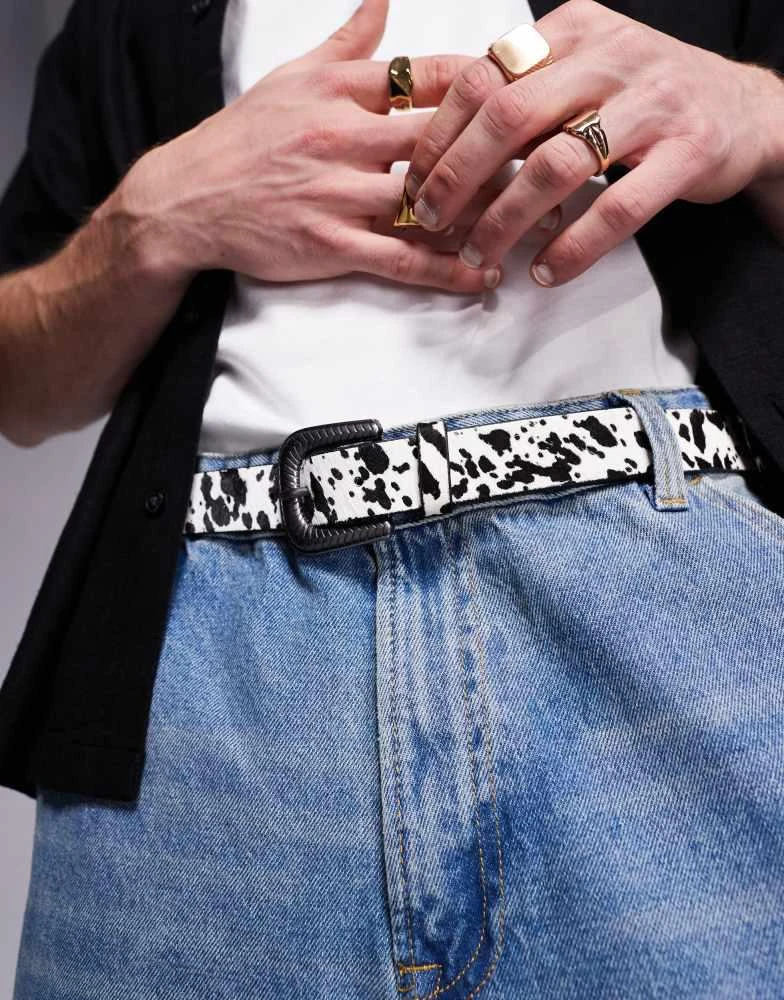 ASOS ASOS DESIGN western cowboy cow print pony hair belt in leather 1