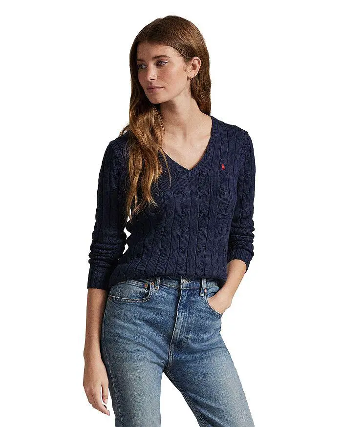 Ralph Lauren Women's Cable Knit Cotton V Neck Sweater