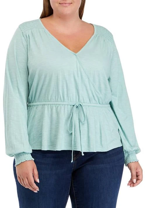 Wonderly Plus Size Long Sleeve Tie Waist Peplum Top 1