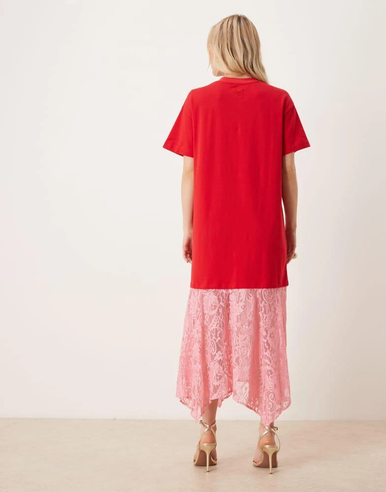 Never Fully Dressed Never Fully Dressed Petite oversized jersey t-shirt maxi dress with lace skirt in red and pink 4