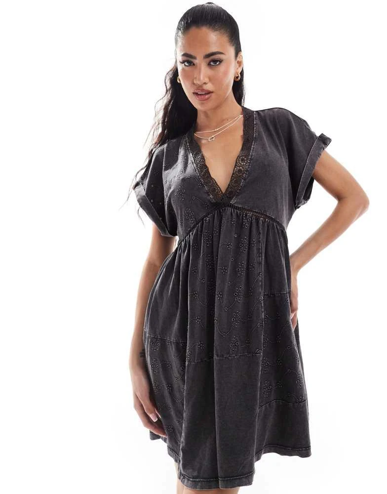 ASOS ASOS DESIGN v neck rolled up short sleeve with embroidery mini dress in charcoal wash 1