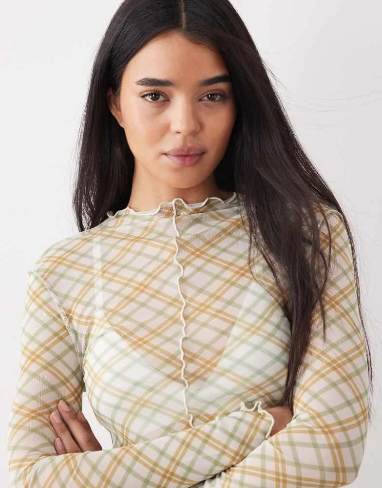 ASOS ASOS DESIGN mesh long sleeve lettuce hem top in green check 3
