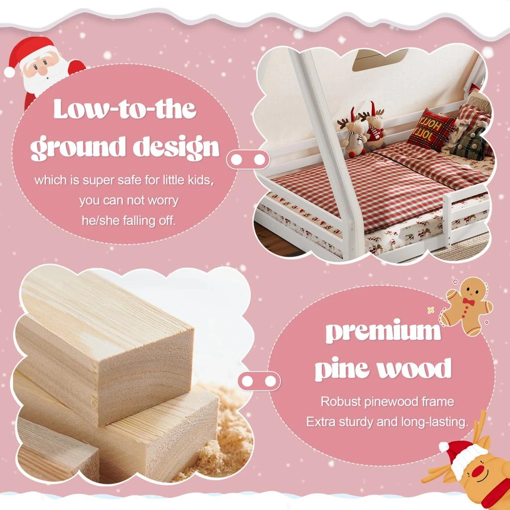 Streamdale Furniture Streamdale Full Size House Floor Bed with Tent and Light, Solid Wood Teepee Design, White+Pink 3