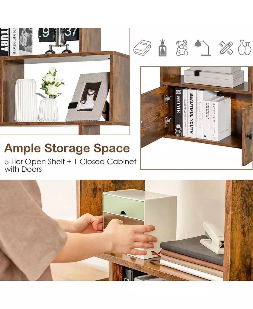 GOUUN 6-Tier S-Shaped Freestanding Bookshelf with Cabinet and Doors 4