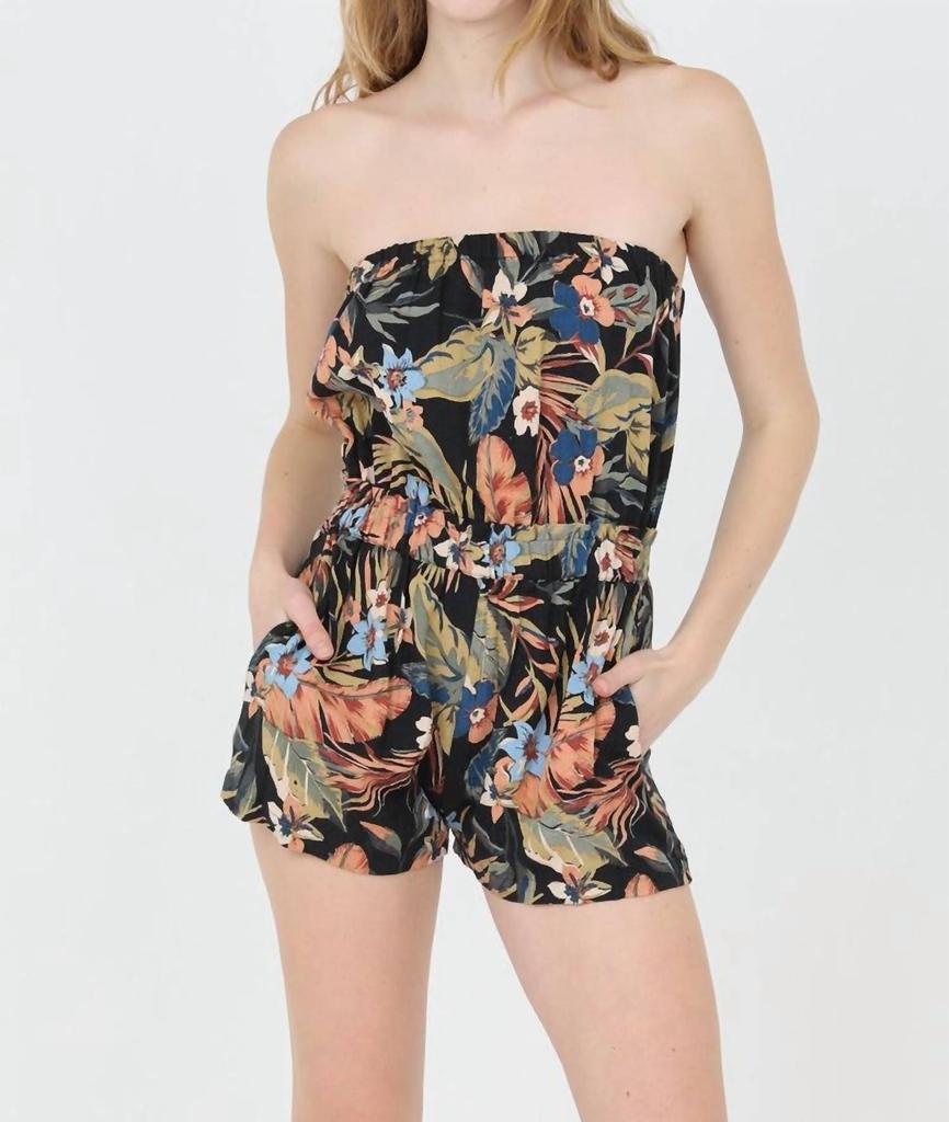 Angie Angie - Strapless Tropical Print Romper With Pockets