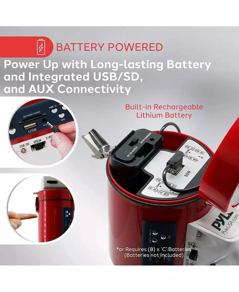 Pyle 50-Watt Portable Megaphone with USB/SD Readers, MP3 Playback, Siren Mode, Rechargeable Battery, Wired Handheld Microphone 4