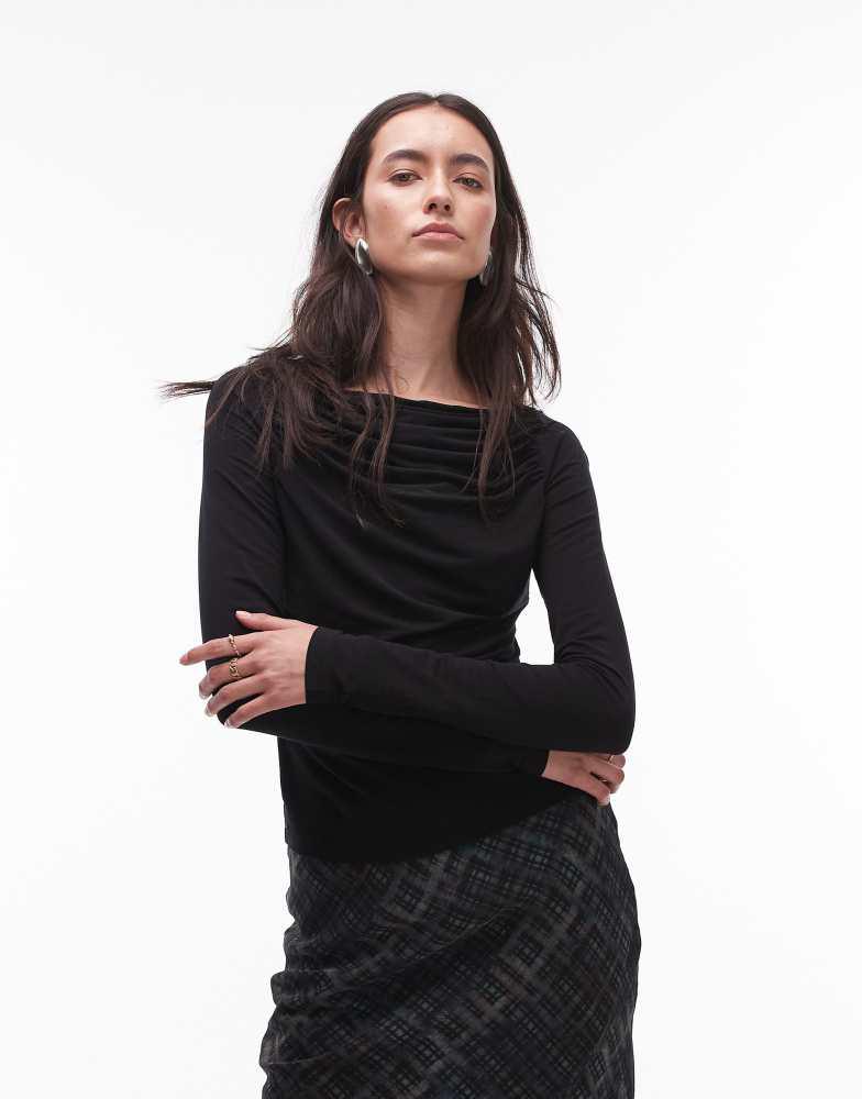 & Other Stories & Other Stories supersoft jersey ruche boat neck top with long sleeves in black
