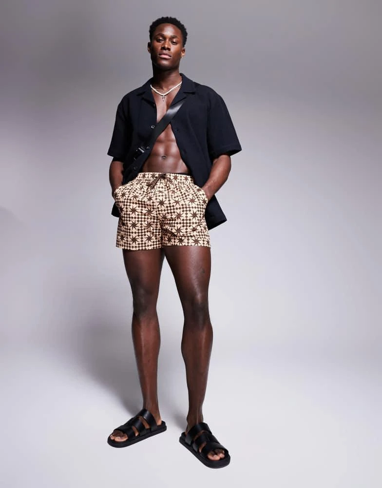 ASOS ASOS DESIGN seersucker swim shorts in short length with neutral geo print 1