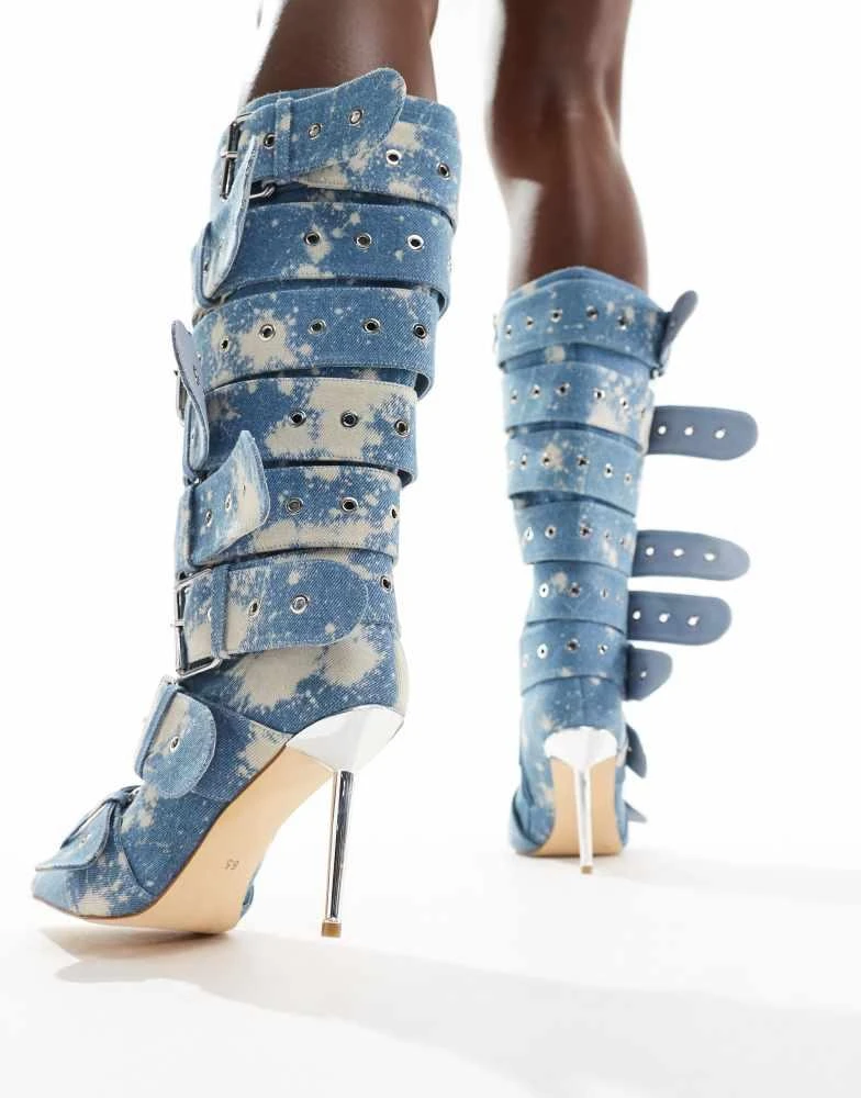 AZALEA WANG Azalea Wang Sedna buckle knee boots in denim 3